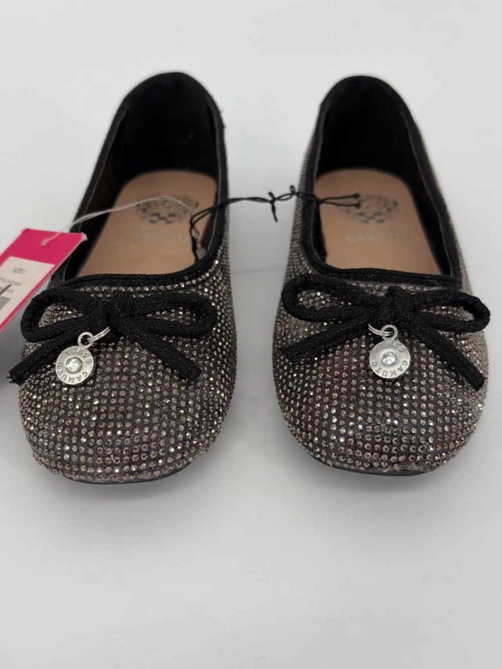 Vince Camuto Girls Black Rhinestone Ballet Flats with Bow Charm